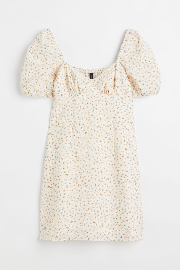 H&M Puff-sleeved Crêpe Dress Cream/small Flowers