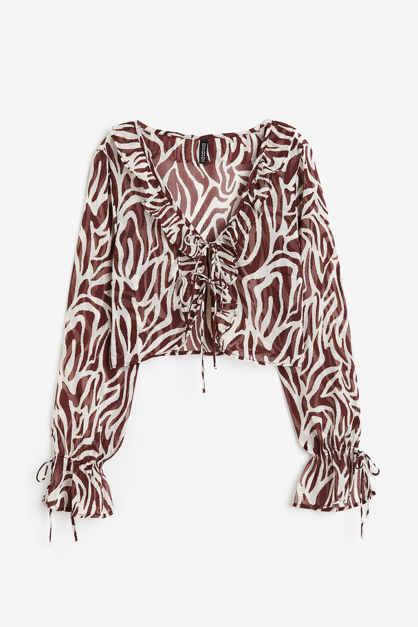 H&M Crepet Bluse Med Flæsekant Mørkebrun/zebramønstret