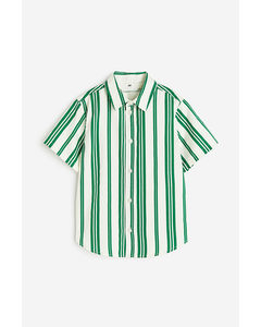 Short-sleeved Cotton Shirt White/green Striped