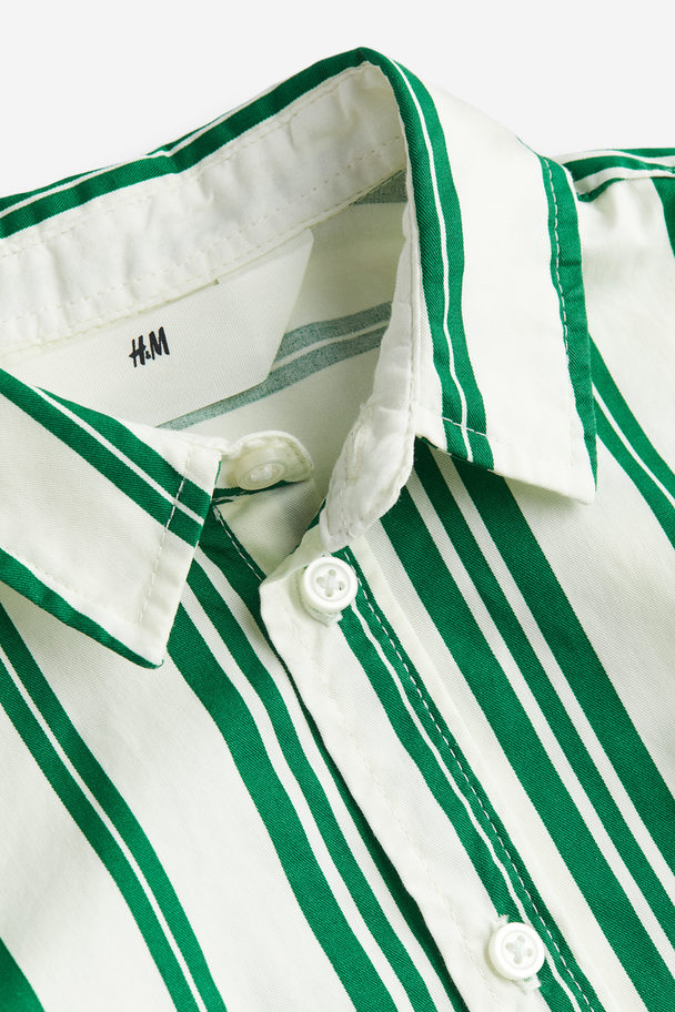 H&M Short-sleeved Cotton Shirt White/green Striped