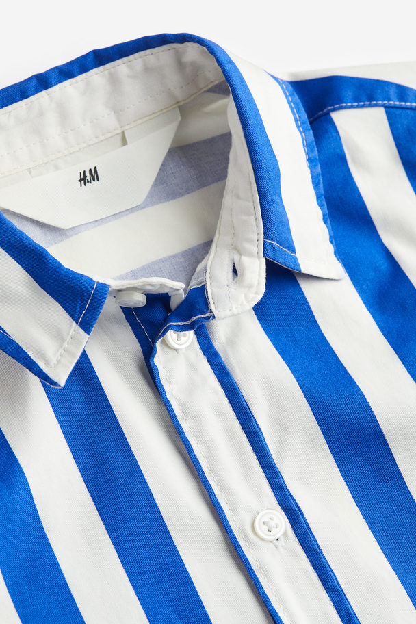 H&M Short-sleeved Cotton Shirt Bright Blue/striped