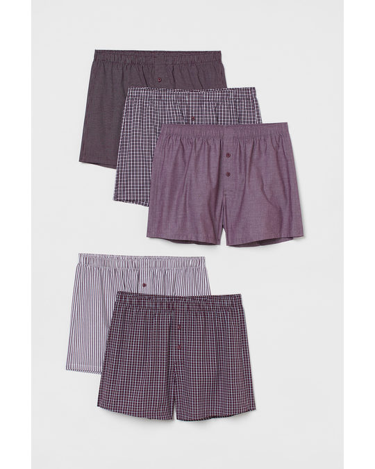 H&M 5-pack Woven Cotton Boxer Shorts Burgundy/checked