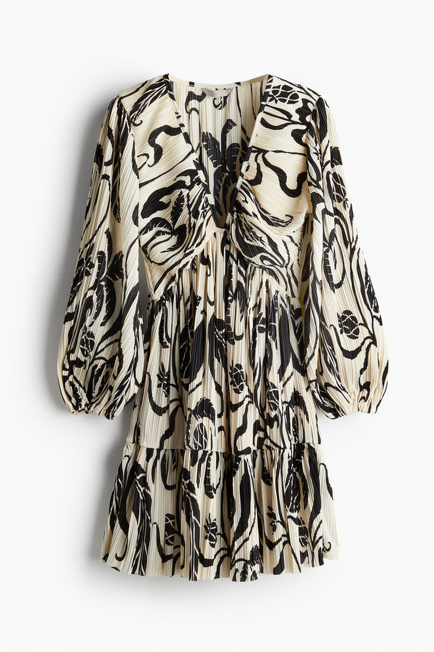 H&M Plissé Dress Cream/black Patterned