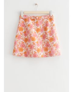 Belted Linen Mini Skirt Pink/orange Florals