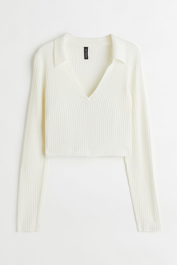 H&M Gerippter Pullover mit Kragen Cremefarben