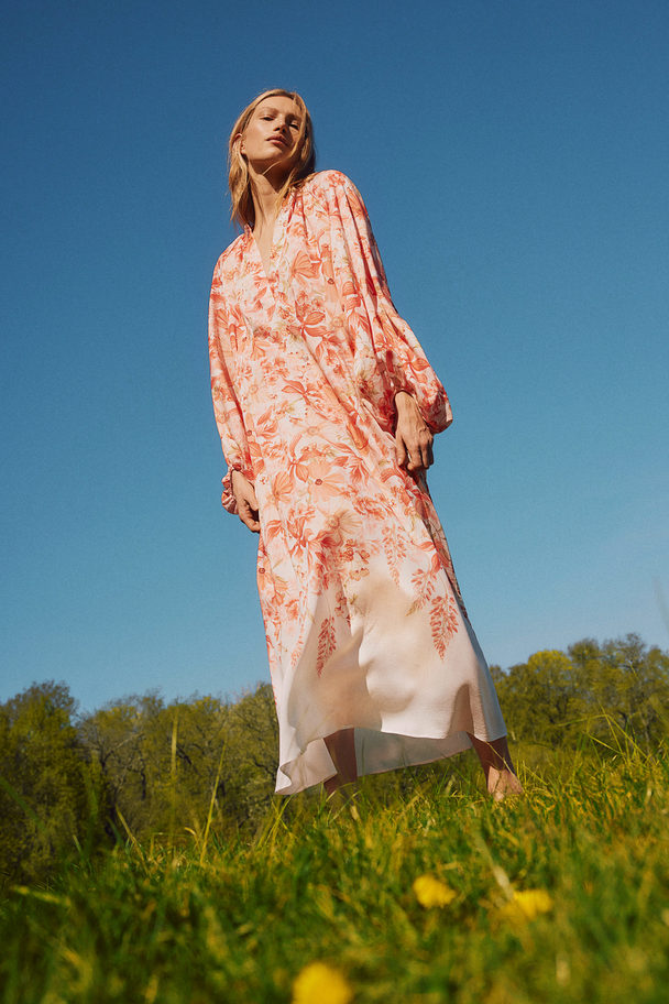 H&M Balloon-sleeved Maxi Dress Coral Red/floral