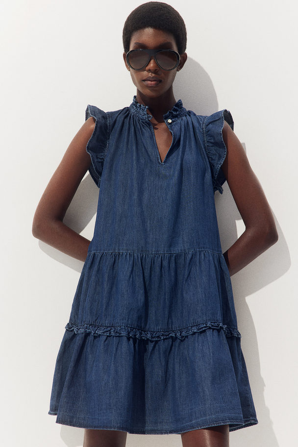 H&M Frill-trimmed Dress Dark Denim Blue