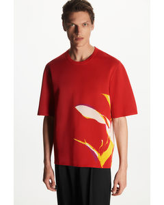 Stickad T-shirt Med Tryck, Normal Passform Röd