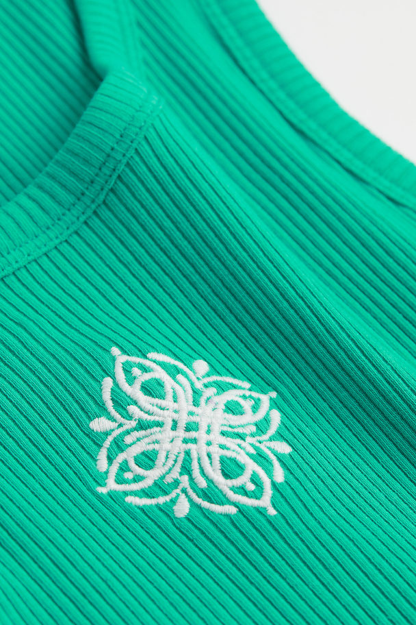 H&M Ribbed Embroidery-detail Vest Top Green/embroidery