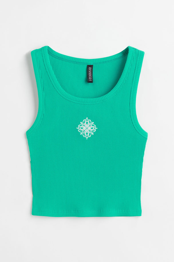 H&M Ribbed Embroidery-detail Vest Top Green/embroidery