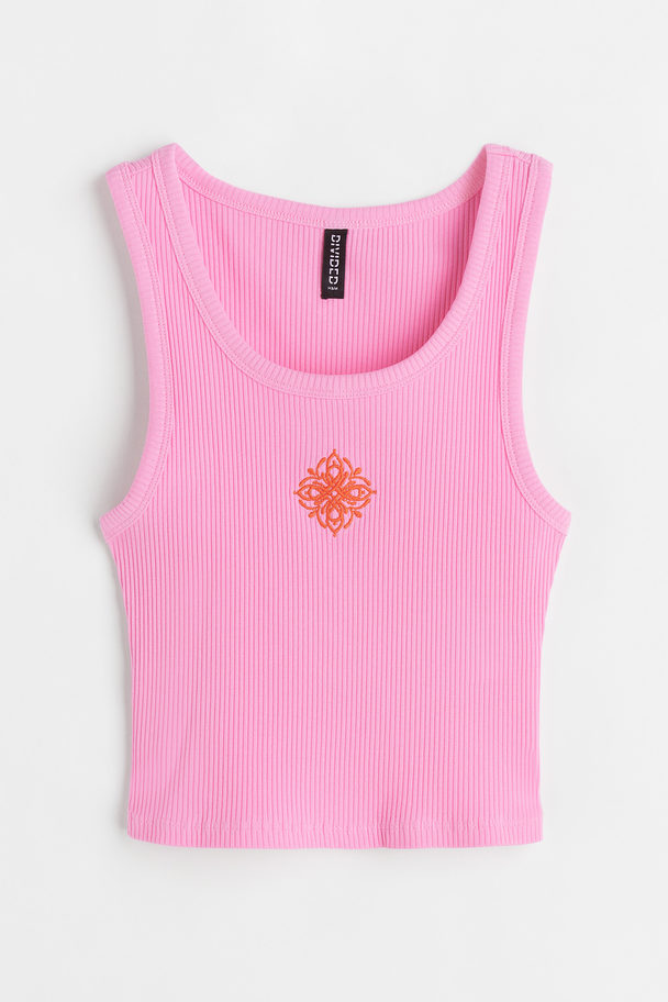 H&M Ribbed Embroidery-detail Vest Top Pink/embroidery
