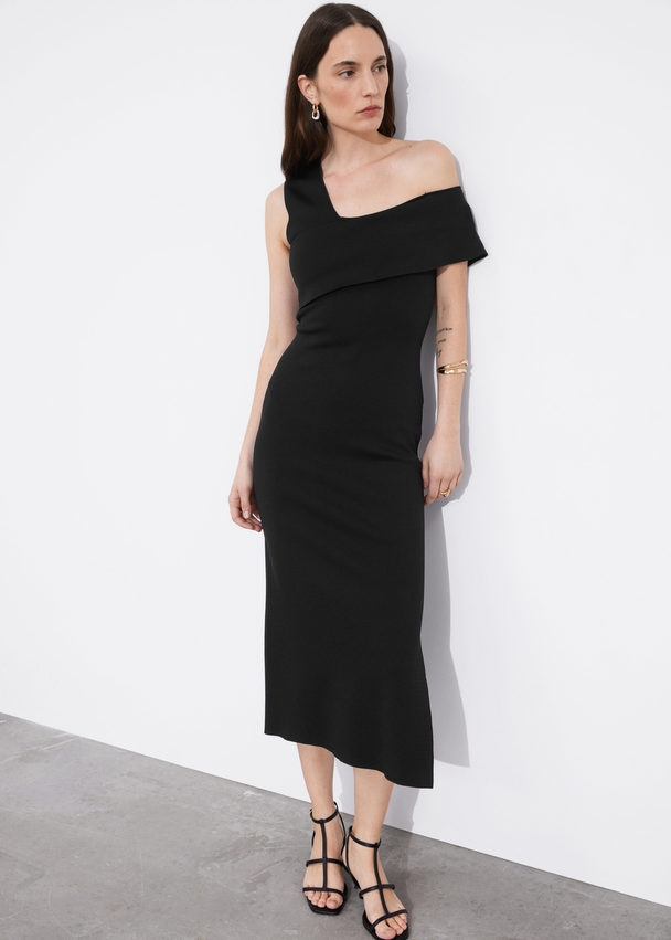 & Other Stories Asymmetric One-shoulder Midi Dress Black