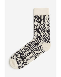 Socken mit Motiv Beige/Keith Haring