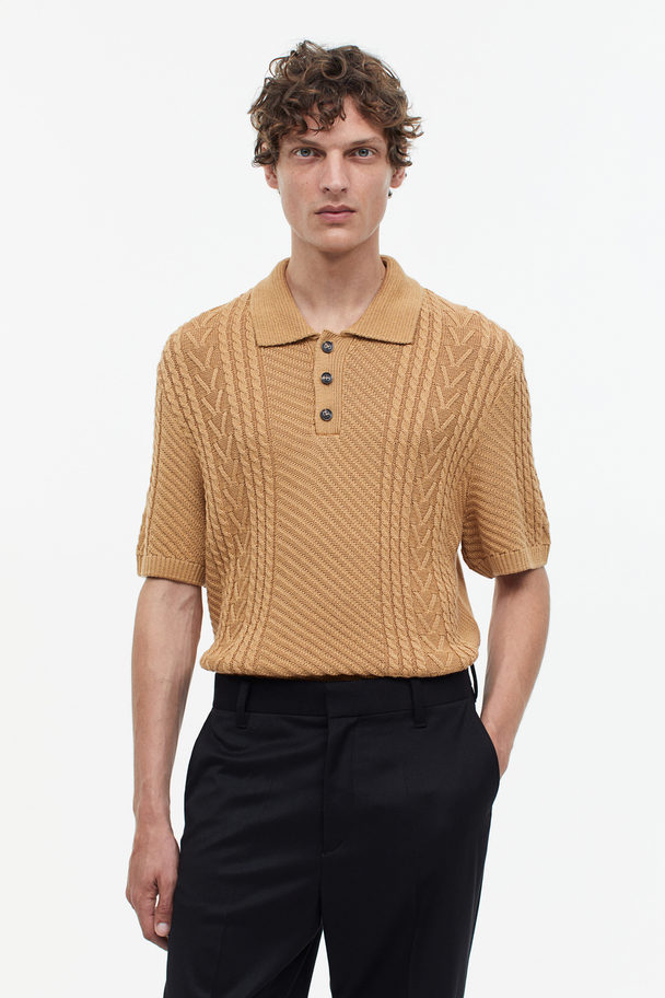 H&M Regular Fit Cable-knit Polo Shirt Dark Beige