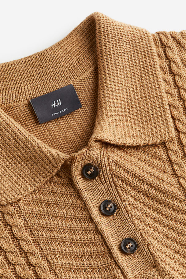 H&M Regular Fit Cable-knit Polo Shirt Dark Beige