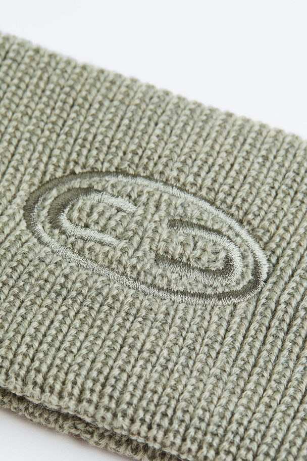 H&M Embroidered Rib-knit Headband Light Khaki Green