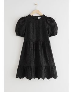 Puff Sleeve Jacquard Mini Dress Black