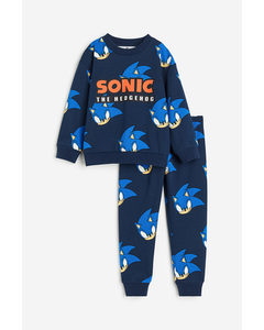 2-piece Printed Sweatshirt Set Dark Blue/sonic The Hedgehog