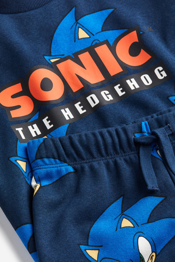H&M 2-piece Printed Sweatshirt Set Dark Blue/sonic The Hedgehog