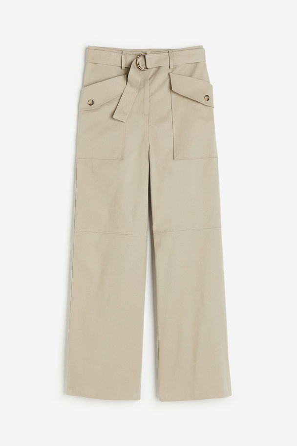 H&M Belted Cotton Trousers Beige
