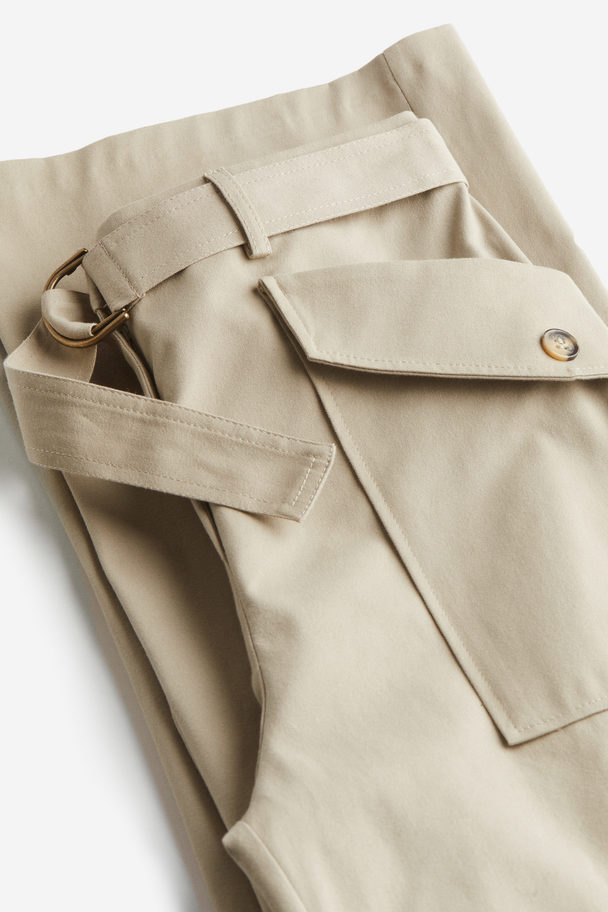 H&M Belted Cotton Trousers Beige