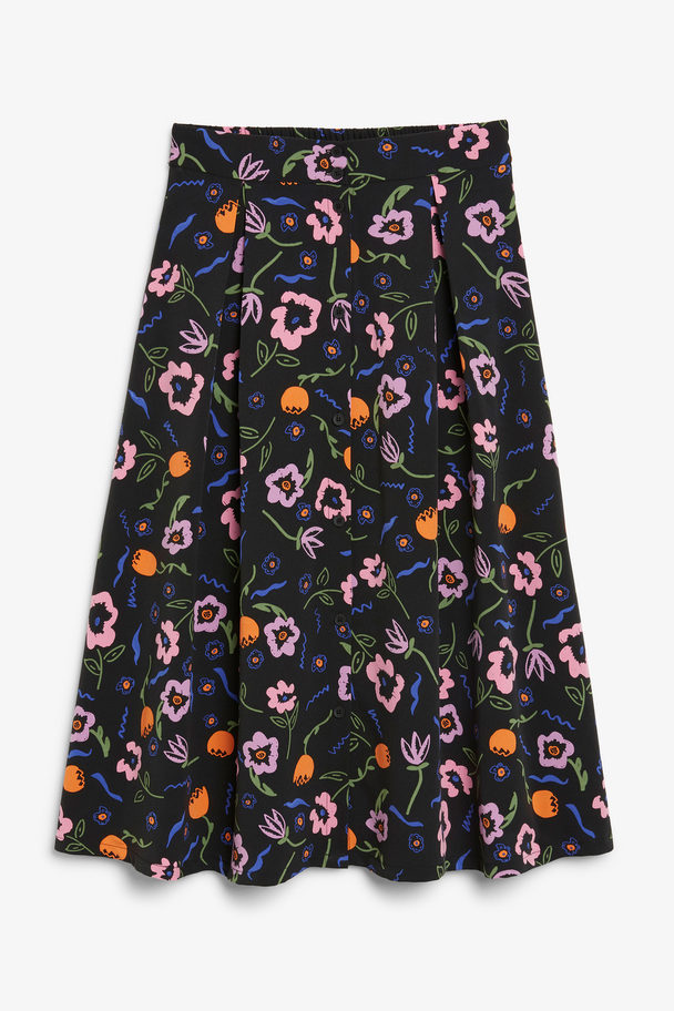 Monki Buttoned Black Floral A-line Midi Skirt Black Floral Confetti