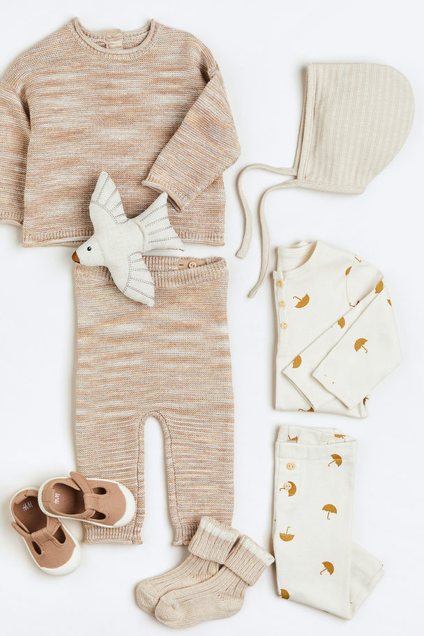 H&M Purl-knit Cotton Leggings Greige Marl