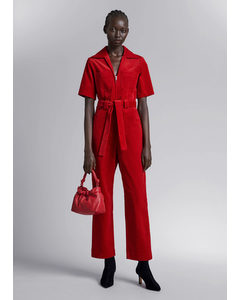 Belted Corduroy Jumpsuit Red
