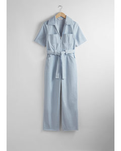 Cord-Jumpsuit mit Gürtel Hellblau