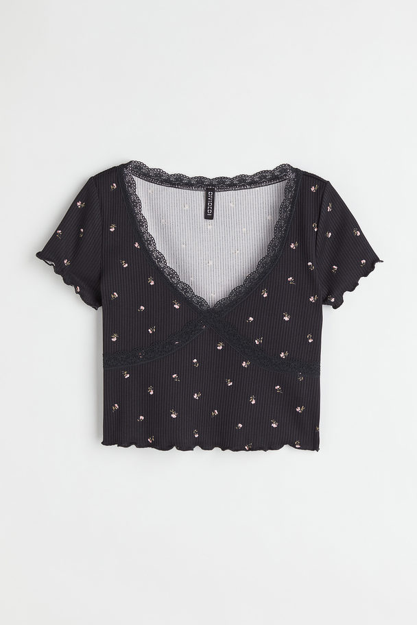 H&M Lace-trim Ribbed Cropped Top Dark Grey/floral