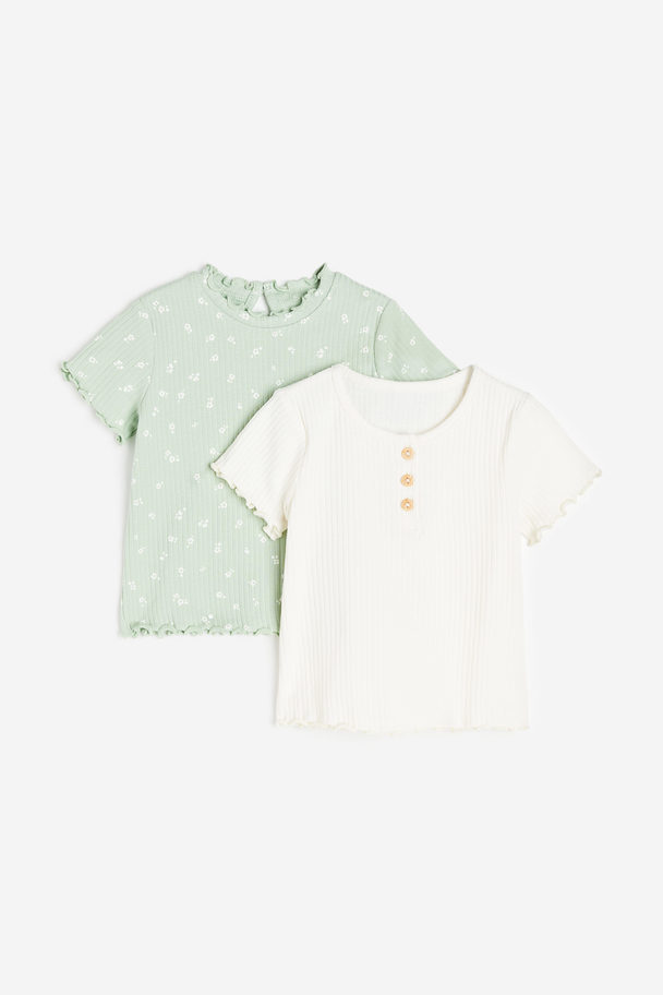 H&M 2-pack Ribbed Tops Light Green/floral