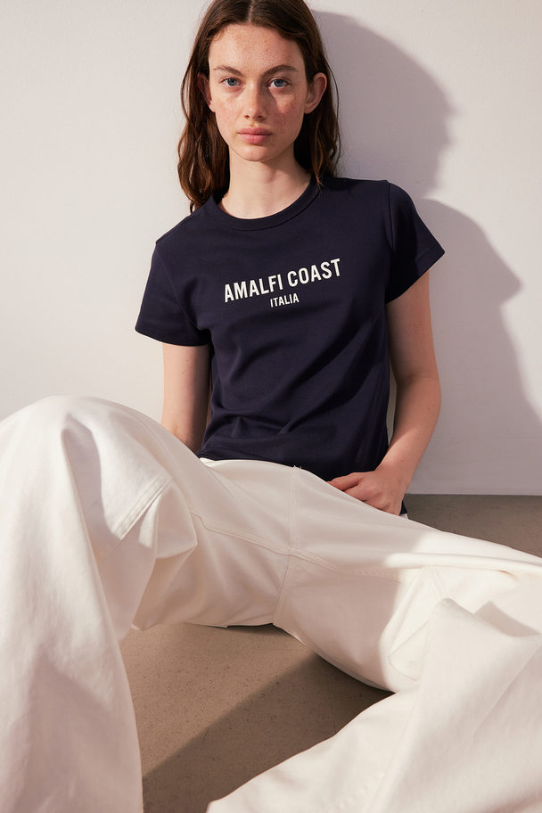 H&M Fitted Cotton T-shirt Navy Blue/amalfi Coast
