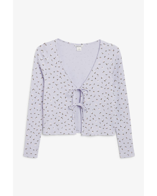 Monki Tie-front Ribbed Cardigan Lilac With Floral Print