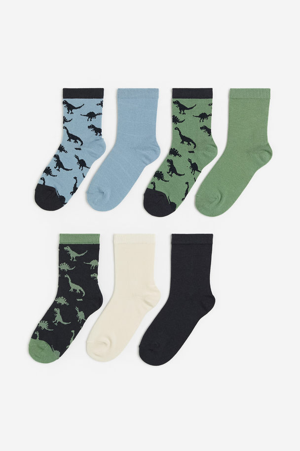 H&M 7-pack Patterned Socks Dusty Green/dinosaurs