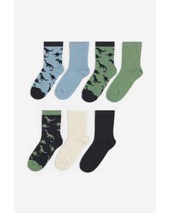 7er-Pack Gemusterte Socken Mattgrün/Dinosaurier