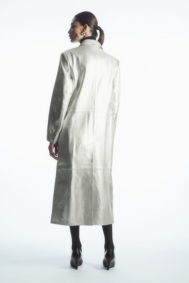 COS Oversized Double-breasted Leather Coat Silver