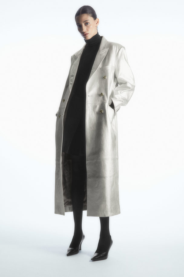 COS Oversized Double-breasted Leather Coat Silver