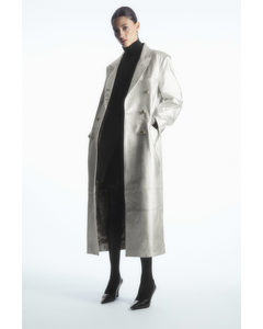Oversized Double-breasted Leather Coat Silver