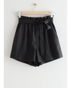 Belted Linen Shorts Black