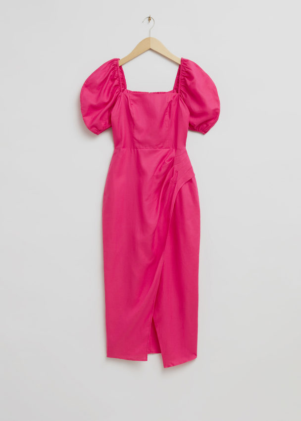 & Other Stories Fitted Puff Sleeve Dress Bright Pink