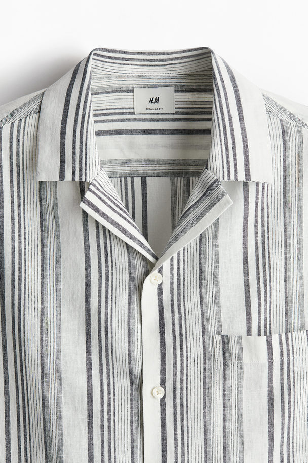 H&M Skjorte I Hørblanding Med Korte Ærmer Regular Fit Grå/stribet