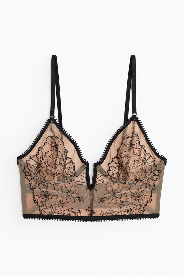 H&M Non-padded Embroidered Bustier Beige/floral