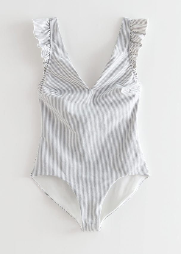 & Other Stories Frilled Swimsuit Blue/white