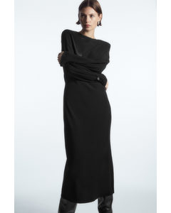 Power-shoulder Satin-panel Midi Dress Black