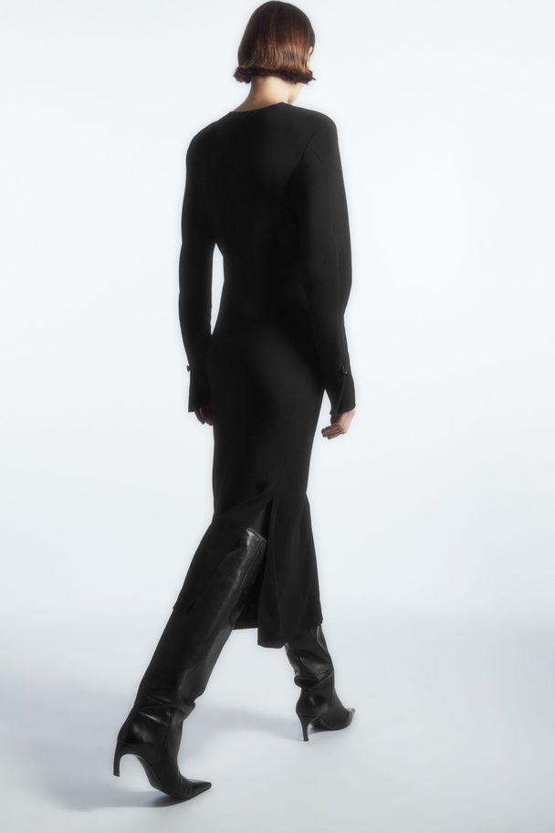 COS Power-shoulder Satin-panel Midi Dress Black