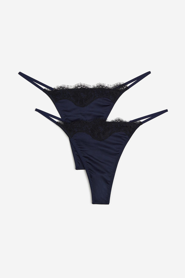 H&M 2-pack Lace-trimmed Thong Briefs Dark Blue