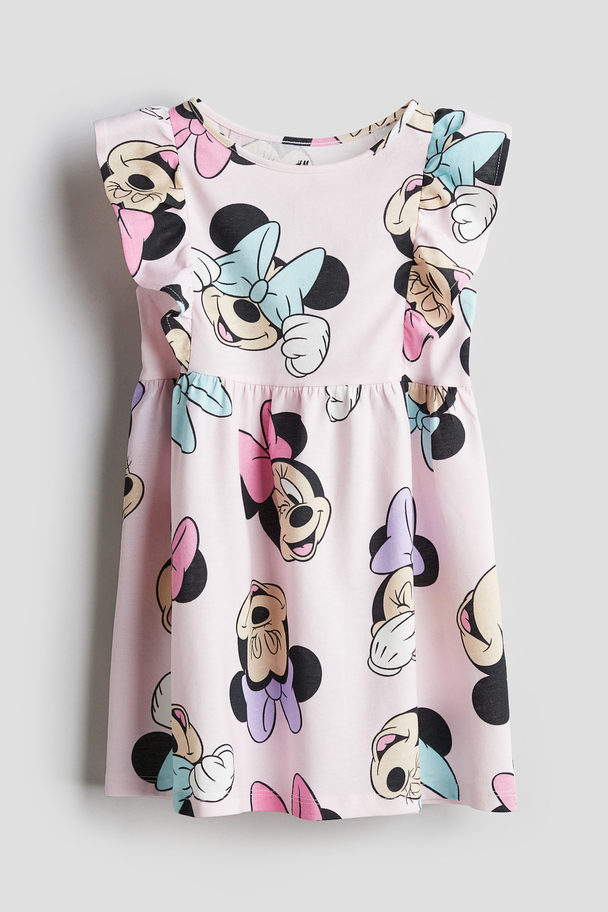 H&M Flounce-trimmed Jersey Dress Light Pink/minnie Mouse
