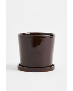 Small Plant Pot And Saucer Dark Brown