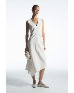Gathered Asymmetric Midi Dress White