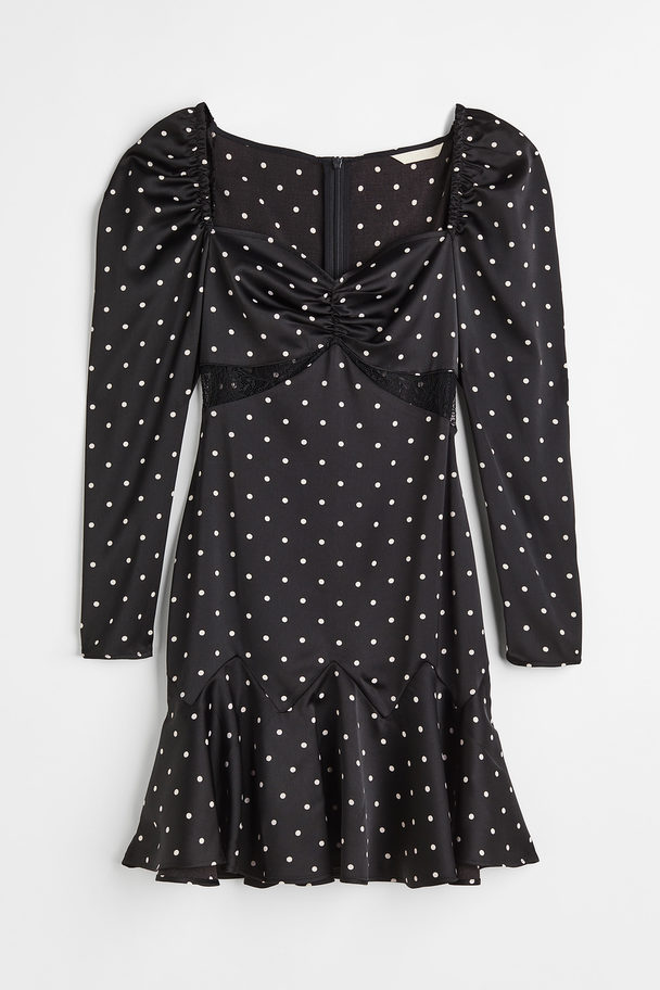 H&M Lace-detail Satin Dress Black/spotted
